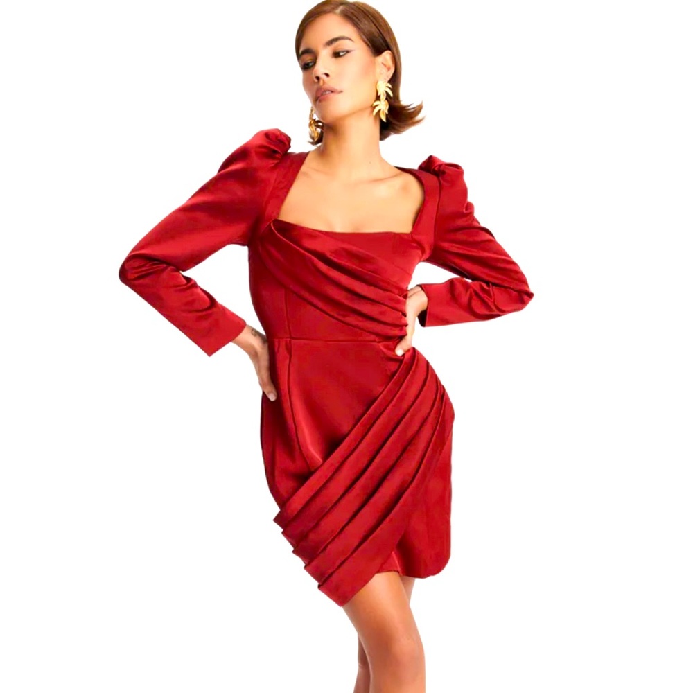 BAILEY puff sleeve bonded satin mini dress in burgundy